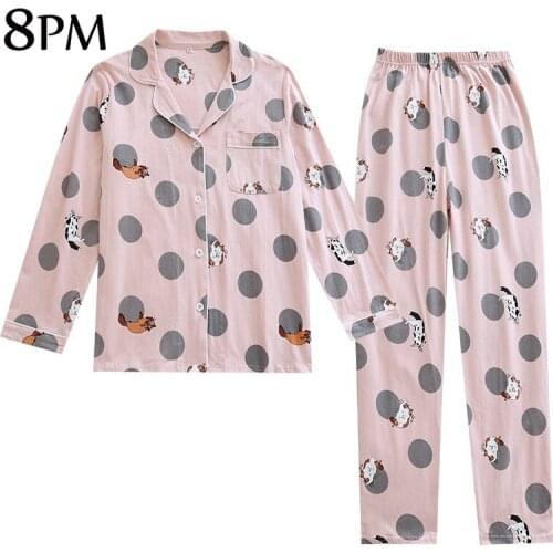 Women Cotton Pajamas Sets Spring Cute Cat Print Long Sleeve Sleepwear Female Tops+Pants Pajamas Suit Lovely Home Clothes ouc505