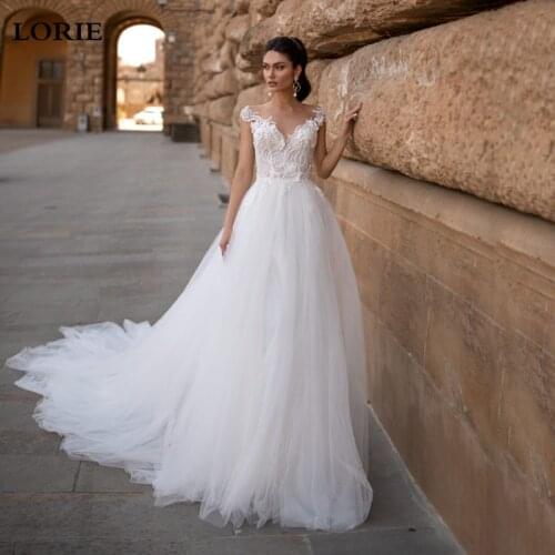 LORIE A Line Lace Wedding Dress Cap Sleeve Puff Tulle Boho Bride Dress Vestidos de novia Vintage Lace Train Wedding Gowns