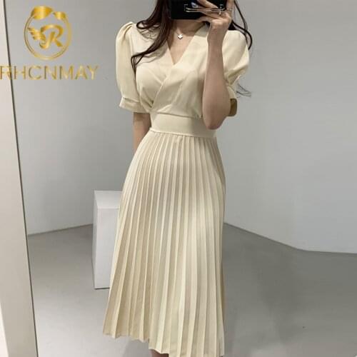 2020 Summer Chiffon Korean A-line Pleated Long Dress Women Short Sleeve V-neck Belted Fashion Office Elegant Ladies Vestidos