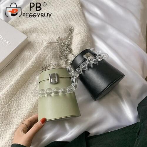 Luxurious Messenger Bag Retro Women PU Leather Chains Solid Color Mini Bucket Bead Chain Shoulder Messenger Bag