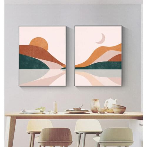 Nordic Boho Decor Poster Abstract Color Block Landscape Wall Art Sunrise Moon Posters Printds Canvas Painting for Living Room