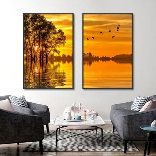 Nordic Sunset Forest Lake Scenery Decoration Paintings for Living Room Wall Art Poster and Prints Home Decoration Canvas Picture