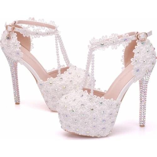 Crystal Queen White Flowers Pearl Tassel Bridal Super High Heels Fine Heel Slender Lace Wedding Shoes Platform Sandals