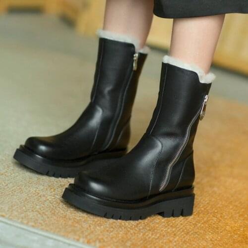 Female Leather Mid Calf Boots Square Toe Thick Heel Metal Zipper Knight Boots Winter Platform Warm Lamb Wool Lining Women Shoes