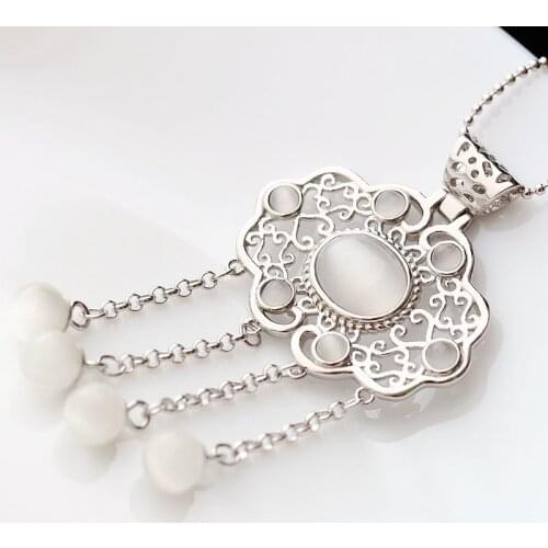 Silver Female S925 Sterling Silver Pendant Handmade White Cats Eye Retro Thai Silver Tassel Small Silver Lock Fashion Women