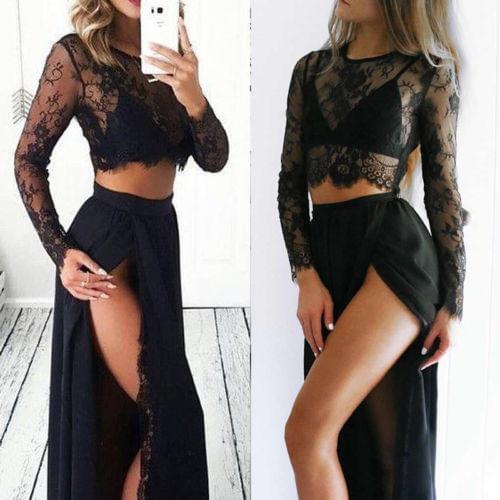 Sexy Women Lace Long Sleeve Crop Tops High Waist Split Long Dress Long Maxi Dress Fashion Two Piece Set Clubwear