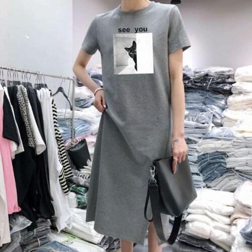 Summer Women Dress Short Sleeve Tshirtdress Cartoon Dog Casual Plus Size 90s Solid Simple Black Long Dresses Female Clothes 2021