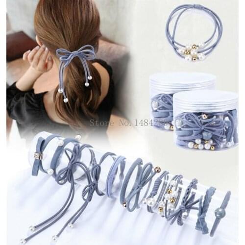 12Pcs/Set Elastic Hair Bands for Women Girls Korean Flower Pearl Hair Band Girls Ponytail Holder Hair Ropes Gum Hair Accessories