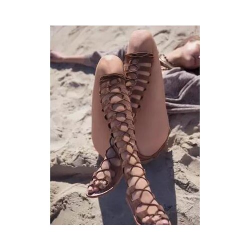2017 Summer New Fashion Lace-Up Long Gladiator Sandals Cut-Outs Knee High Women Boots Peep Toe Plus Size Women Flat Shoes