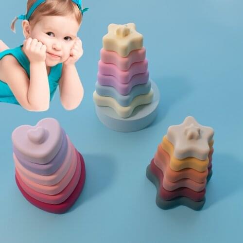 Baby Toy Soft Building Blocks Silicone Rainbow Stacking Blocks Heart Shape Silicone Jenga Wooden Construction Squeeze Toy
