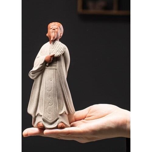 Three Kingdoms Period Zhuge Liang Ceramic statue Zisha handmade sculpture Home decor vintage figure statue Tea set decoration