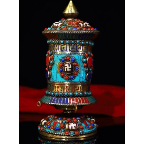 6"Tibet temple collection Old Bronze mosaic Gem Dzi Bead Prayer wheel pagoda Chanting Book of Internal Scripture Town House