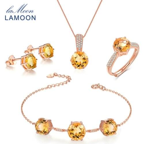 LAMOON 100% Real 925-Sterling-Silver 4PCS Jewelry Sets For Women Natural Gemstone Citrine Fine Jewelry Wedding Gift V002-1