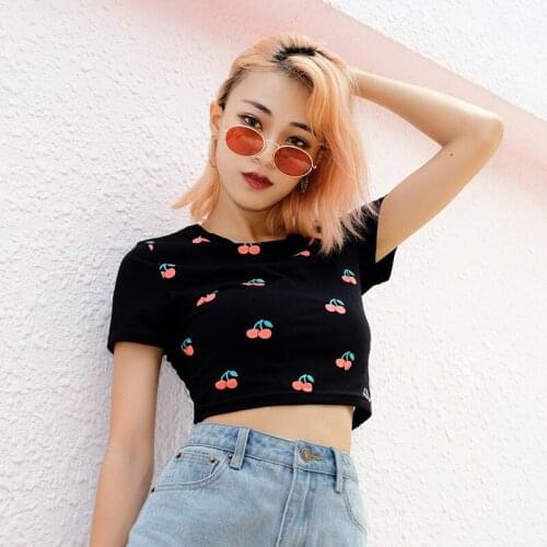 MKMDFME Women Sexy Summer Short Sleeve Crop Top T Shirt Cherry Print Cropped Cotton Casual Women Slim T-shirt Tops Camiseta
