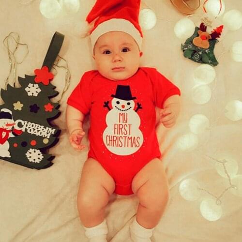 Fashion Rompers Baby Boys Girls Spring Cotton Festival Christmas Toddler Comfortable Snowman Print Short Sleeve Sunsuit Hat