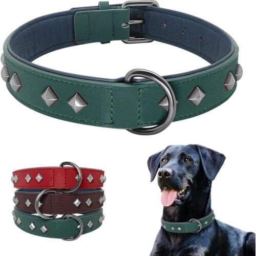 Padded Dog Collar Leather Adjustable Dog Pet Collars For Pitbull Durable Dogs Collars For Small Medium Large Dog Green Red Brown