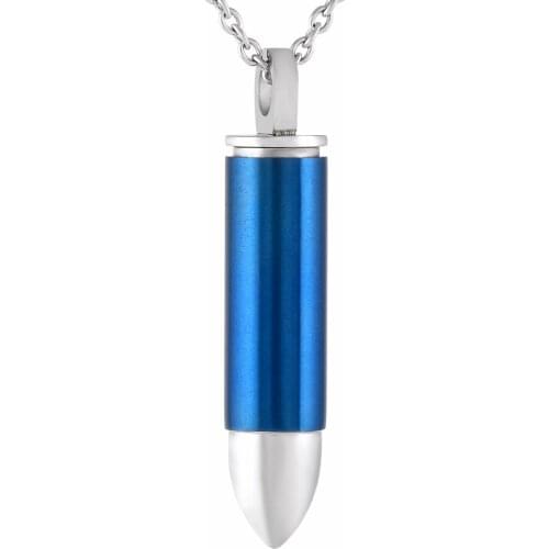 IJD8717 Blue Plating Stainless Steel Cremation Jewelry Bullet Urn Pendant Necklace Memorial Ashes Keepsake Urn Necklace
