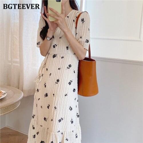 BGTEEVER Vintage Short Sleeve One-piece Lace-up Women Dress V-neck Floral Ruffles Female Dress 2021 Summer Ladies Midi Vestidos