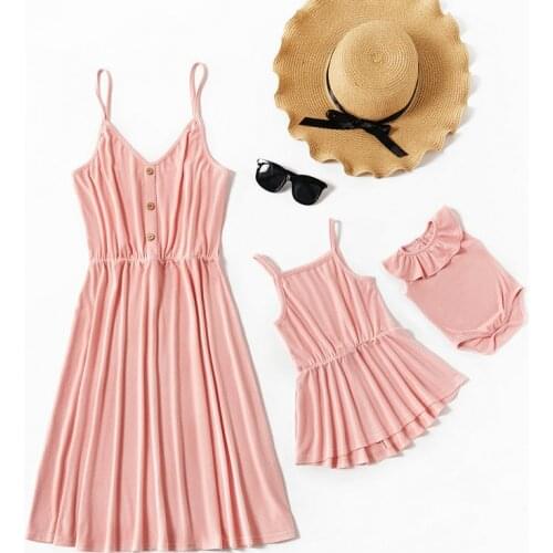 Mother Daughter Dresses Baby Romper 2020 Beach Dress Pink Button Sleeveless Dress Mommy and me Clothes Family Look Matching