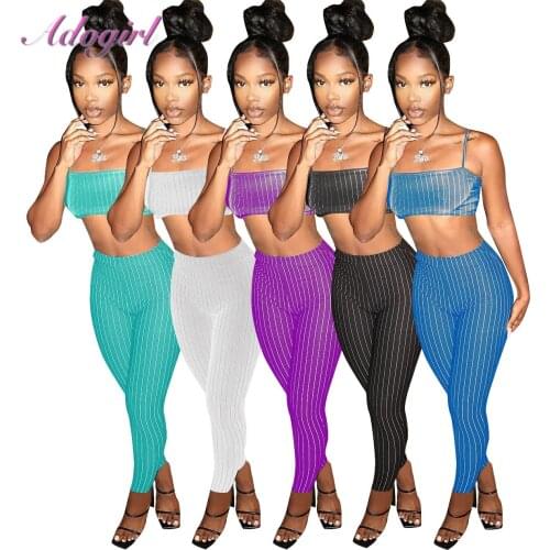 Casual Striped Printing Two Piece Sets Sexy Spaghetti Strapless Vest Tank Tops + Pants Suit Outfit Tracksuit Streetwear Suit
