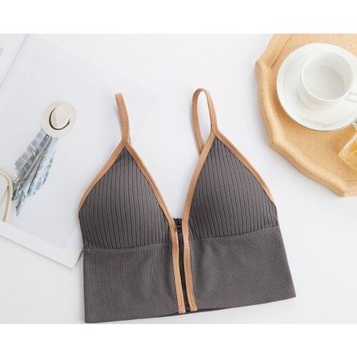 Sexy Deep V Beautiful Back Front Zipper Sports Sling Seamlessly Wrapped Chest Solid Color No Steel Ring Bra Casual Short Top