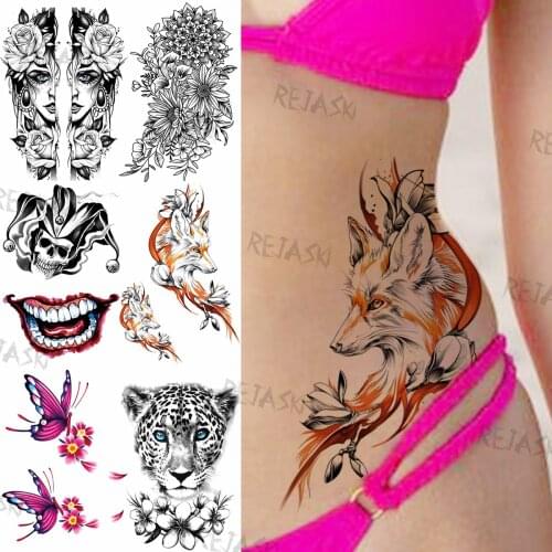Sexy Waist Fox Temporary Tattoos For Women Men Fake Halloween Clown Leopard Butterfly Flower Tattoo Sticker Party Washable Tatoo