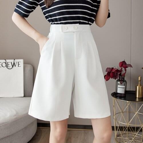 Coffe Loose Women Wide Leg Shorts Summer 2021 Casual High Waist Suit Fabric Trousers Knee Length Bermuda Female