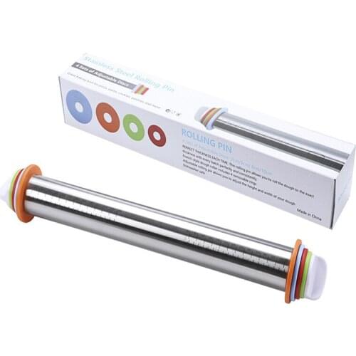 17inch Adjustable Stainless Steel Rolling Pin with Thickness Rings Scale Dough Roller Baking Tools for Cookie Pastry Pizza Crust