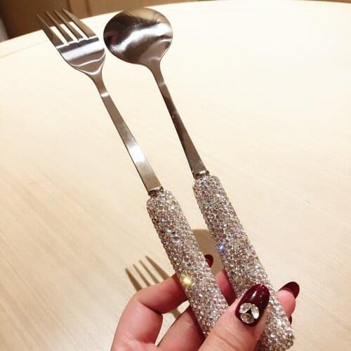 Luxury Diamond Stainless Steel Cutlery Rhinestone Tableware Household Spoons Fork Sets Kitchen Party Dinner Western Tools