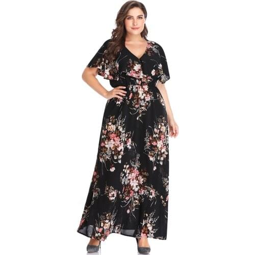 Dresses Evening 2021 Summer Plus Size Womens Print Short Sleev Slim V Neck Elegant Loose Ruffle Black Floral Dress Home Party