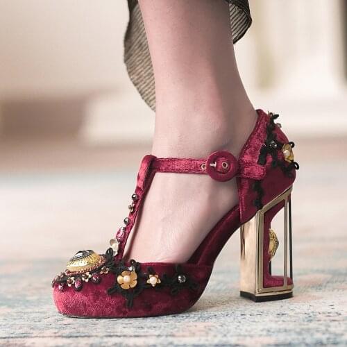 Spring Women Shoes High Heel Fashion Ladies Pumps Round Toe Chunky Heels Girls Summer Sandals Bridal Shoes Wine/Black/Blue/Red