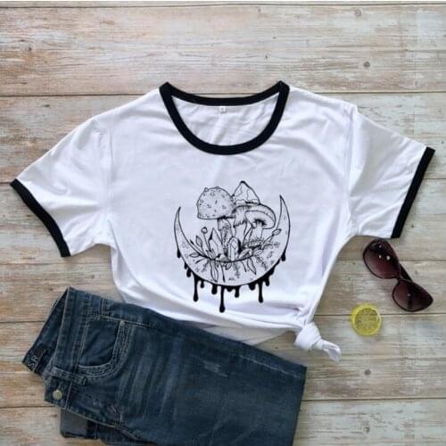 Magic Mushrooms and Crystals on Moon T-shirt Women 90s Grunge Aesthetic Boho Witchy Hippie Tshirt Women Vintage Vegan Tops 2021