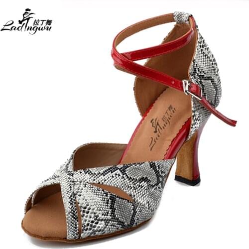 Ladingwu White Snake texture PU Womens Sandals Latin Dance Shoes Ballroom Samba scarpe da ballo Heel 5/7.5/8.3/8.5cm
