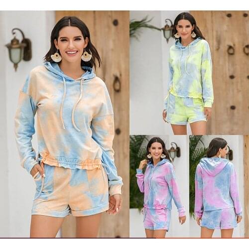 Womens tie dyed printing fashion leisure long sleeved Shorts Set home clothes womens sweater