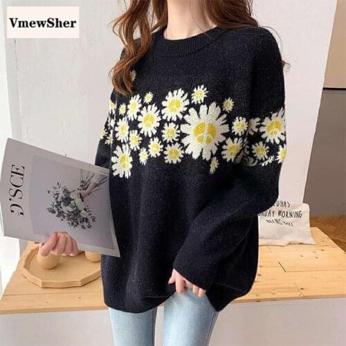 VmewSher Floral Daisy Print Women Sweater Pullovers Winter Casual Long Sleeve O Neck Sweater Basic Autumn Soft Knitted Pullovers