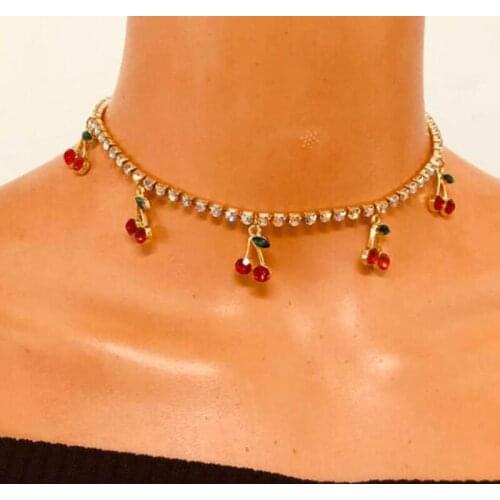 Women Boho Bling Rhinestone Cherry Necklaces Bijoux Pendant Chain Women Fashion Choker Crystal Collar Girls Hip Hop Jewelry