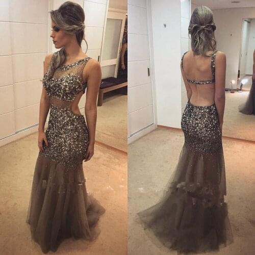 Luxury Beaded Crystal Mermaid Evening Dresses Long 2021 Robe De Soiree Arabic Backless Formal Women Dress Sheer abendkleider