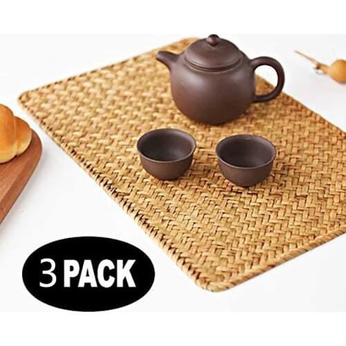 Pack of 3, Natural Seagrass Place Mat, 17.7inch x 12inch, Hand-Woven Rectangular Rattan Placemats