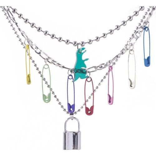 Fashion Personality Trend Harajuku Style Color Pin Clavicle Chain Bead Lock Lady Silver Geometric Mixed Chain Jewelry Necklace