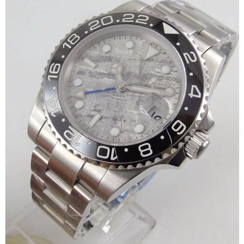 40mm Grey Dial Blue GMT Hand Autoamtic Wristwatch Sapphire Crystal Date Function Mental Bracelet Black Rotating Bezel