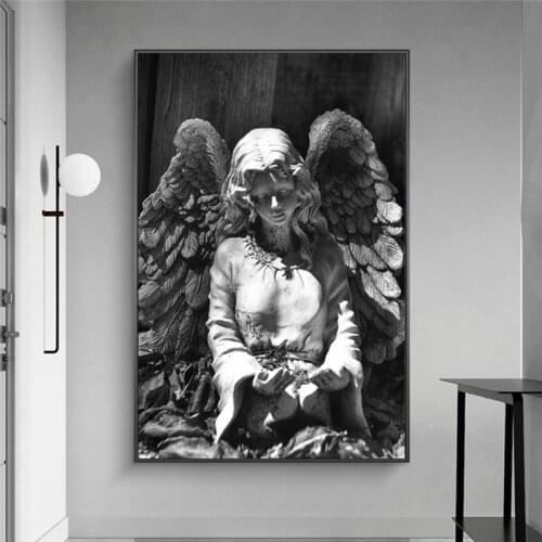 Black And White Angel Statue Canvas Wall Art Posters And Prints Angel Wings Sculpture Picture On Wall Painting For Living Room