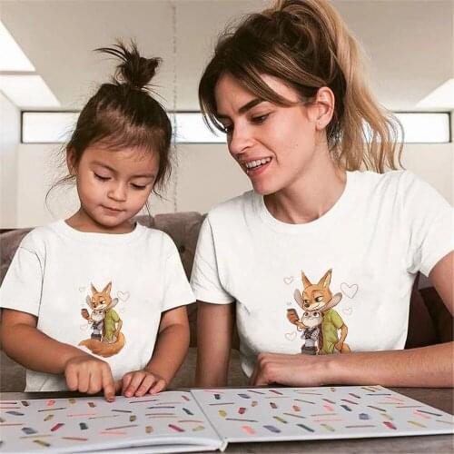 2021 Fashion Kids T Shirt Children Summer Short Sleeve Casual White Tshirt Cartoon Zootopia Print Lovely Family Matching T Shirt