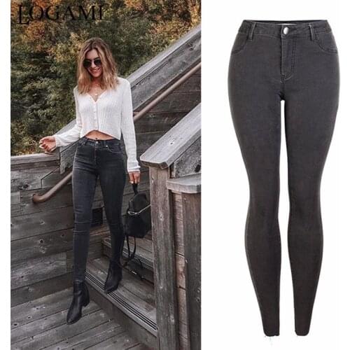 LOGAMI Midi Waist Skinny Jeans Woman Dark Grey Pencil Denim Pants Womens Casual Jeans 4XL Plus Size