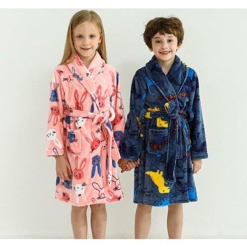 New Winter Warm Robes for Kids Cartoon Rabbit Flannel Bathrobes Teenage Boys Dinosaur Sleepwear Big Girls Homewear 4 8 10 12 14Y
