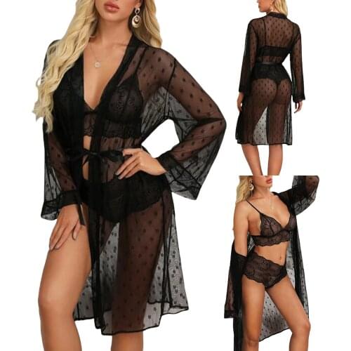 3Piece Chiffon Ladies Summer Sexy Lingerie Set Ladies Fashion Floral Embroidered Lingerie Set + See-Through Night Skirt Sexy Set