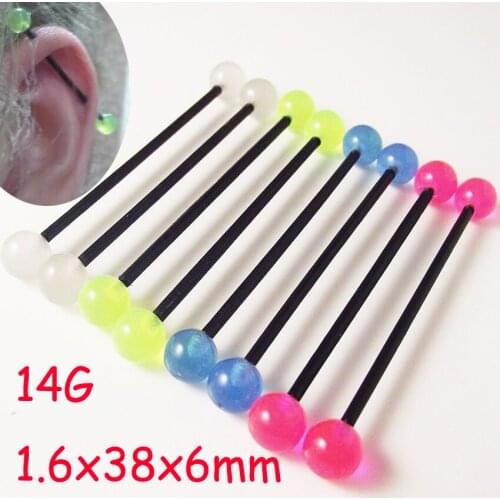 2 Piece 1.6x38x6mm 14G Fashion Soft Industrial Straight Barbell Glow in the Dark Flexible Tragus Helix Ear Piercing Jewelry