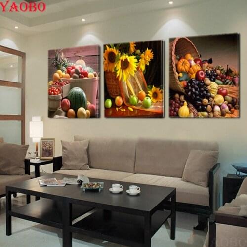 3pcs set 5D DIY Diamond Painting Fruit Grape Pumpkin Cross Stitch kits embroidery Mosaic paintings rhinestone Restaurant Decor