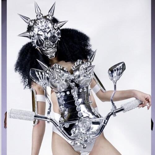 Nightclub GOGO female DS gold mirror LED light metal spiked armor performance girl future technology space dance costume