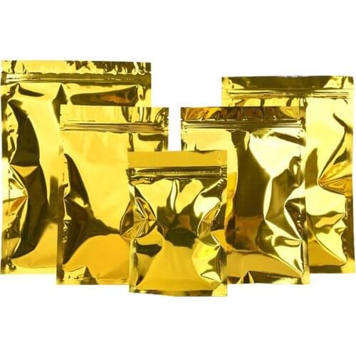 100 Pcs Gold Zip Lock Resealable Aluminum Mylar Foil Plastic Packaging Bag, Golden Pouch for Beans Coffee Cookie Snack Food