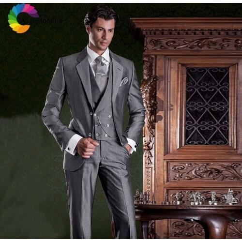 Grey Men Suits for Wedding Man Suit Groomsmen Blazers Jacket 3Piece Man Suits Pants Vest Slim Fit Groom Tuxedos Morning Party